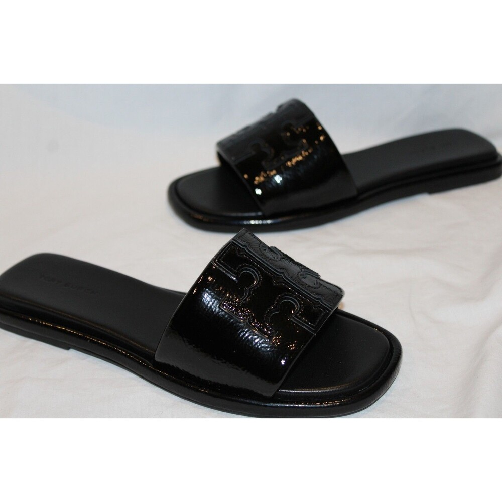 Tory Burch Double T Leather Sport Slides Perfect Black NIB - Picture 3 of 7